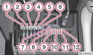 Under-hood fuse box diagram (AT): Skoda Fabia (2007-2014)