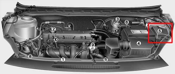The location of the fuses in the engine compartment (gasoline): Hyundai i20 (2008-2014)
