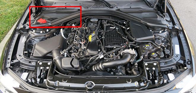 The location of the fuses in the engine compartment: BMW 3-Series (2012, 2013, 2014, 2015, 2016, 2017, 2018)