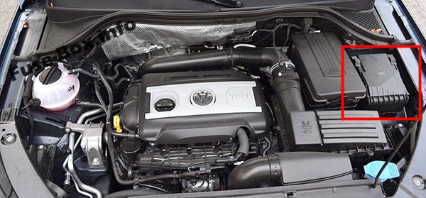 The location of the fuses in the engine compartment: Volkswagen Tiguan (2008-2017)