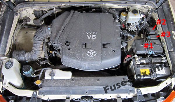 The location of the fuses in the engine compartment: Toyota FJ Cruiser (2006-2015)