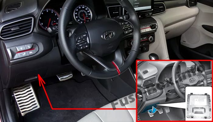 The location of the fuses in the passenger compartment: Hyundai Veloster (2018, 2019-..)