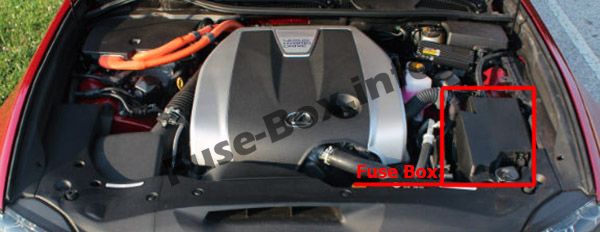 The location of the fuses in the engine compartment: Lexus GS 450h (2013-2017)