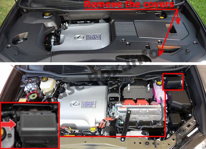 The location of the fuses in the engine compartment: Lexus RX 450h (2010-2015)
