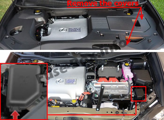 The location of the fuses in the engine compartment: Lexus RX 450h (2010-2015)
