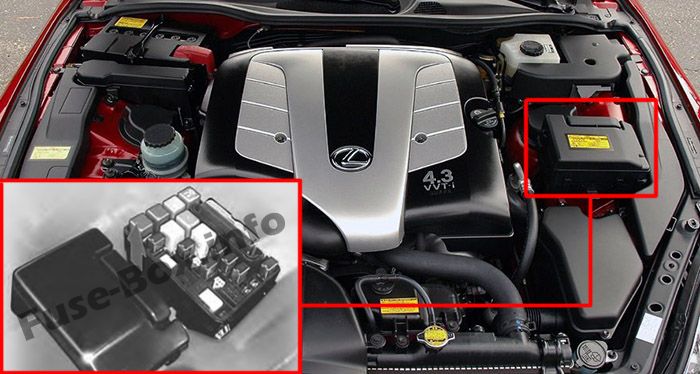 The location of the fuses in the engine compartment: Lexus SC 430 (2001-2010)
