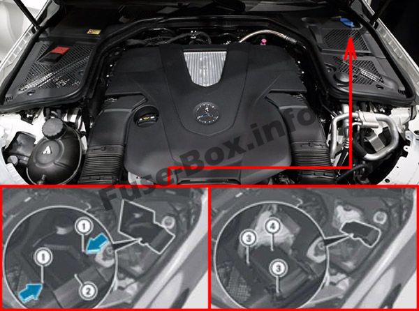 The location of the fuses in the engine compartment: Mercedes-Benz C-Class (2015-2019-..)