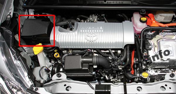 The location of the fuses in the engine compartment: Toyota Yaris Hybrid / Echo Hybrid (2012-2017)
