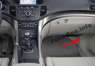 The location of the fuses in the passenger compartment: Acura TSX (CU2; 2009, 2010, 2011, 2012, 2013, 2014)