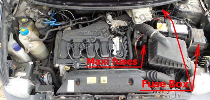 The location of the fuses in the engine compartment: Fiat Multipla (2005, 2006, 2007, 2008, 2009, 2010)