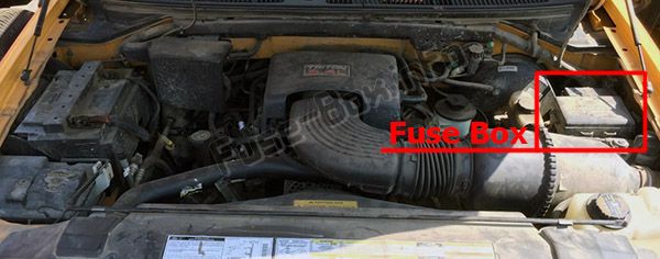 The location of the fuses in the engine compartment: Ford F-250 / F-350 / F-450 / F-550 (1997, 1998, 1999, 2000, 2001)