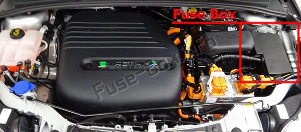 The location of the fuses in the engine compartment: Ford Focus Electric (2012-2018)