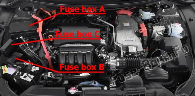 The location of the fuses in the engine compartment: Honda Clarity Plug-in Hybrid (2017, 2018, 2019-...)