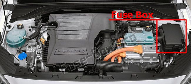 The location of the fuses in the engine compartment: Hyundai Ioniq Hybrid (2017, 2018, 2019-...)