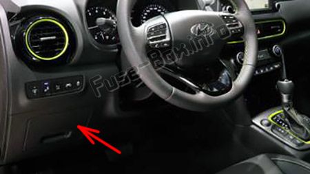 The location of the fuses in the passenger compartment (RHD): Hyundai Kona (2017, 2018, 2019-...)