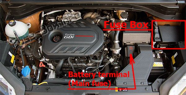 The location of the fuses in the engine compartment: KIA Sportage (2017, 2018, 2019-...)