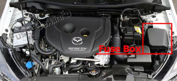 The location of the fuses in the engine compartment: Mazda 2 (2015-2019-..)