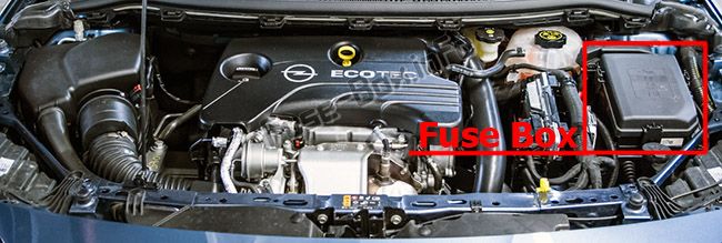 The location of the fuses in the engine compartment: Opel/Vauxhall Astra K (2016-2019-...)