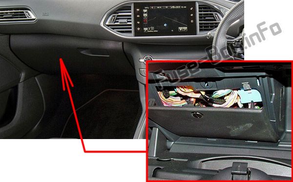 The location of the fuses in the passenger compartment (RHD): Peugeot 308 (2007-2013)