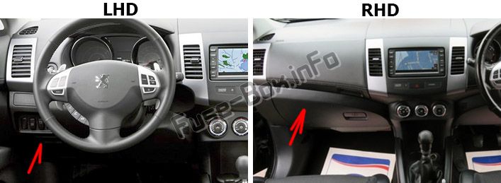 The location of the fuses in the passenger compartment: Peugeot 4007 (2007-2012)