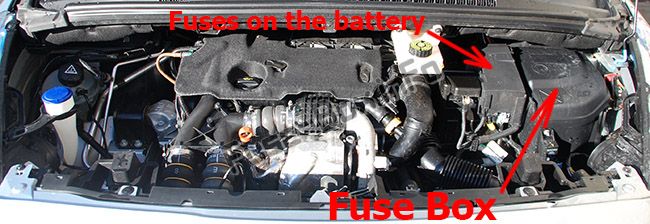 The location of the fuses in the engine compartment: Peugeot 5008 (2009-2016)