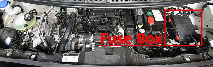 The location of the fuses in the engine compartment: Peugeot Expert VU / Traveller (2016-2019..)