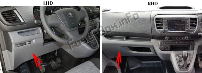 The location of the fuses in the passenger compartment: Peugeot Expert VU / Traveller (2016-2019..)