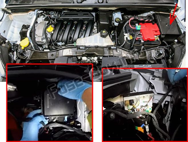 The location of the fuses in the engine compartment: Renault Kangoo II (2007-2018)