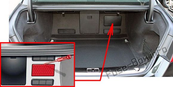 The location of the fuses in the trunk: Audi A8 / S8 (D4/4H; 2011, 2012, 2013, 2014, 2015, 2016, 2017)