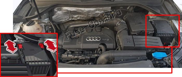 The location of the fuses in the engine compartment: Audi Q3 (8U; 2011, 2012, 2013, 2014, 2015, 2016)