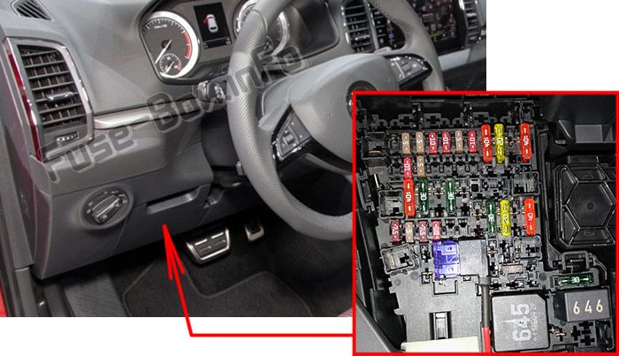 The location of the fuses in the passenger compartment (LHD): Skoda Kodiaq (2016, 2017, 2018, 2019-...)