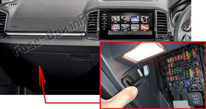The location of the fuses in the passenger compartment (RHD): Skoda Kodiaq (2016, 2017, 2018, 2019-...)