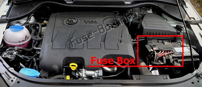The location of the fuses in the engine compartment: Skoda Rapid (2012-2015)