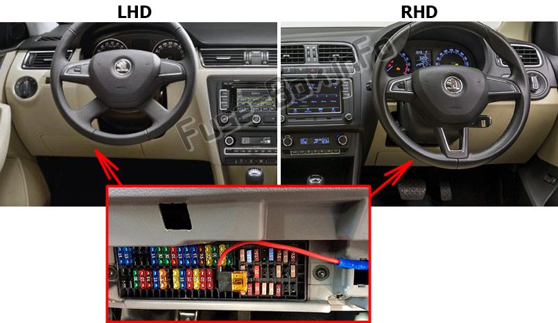 The location of the fuses in the passenger compartment: Skoda Rapid (2016-2019-...)
