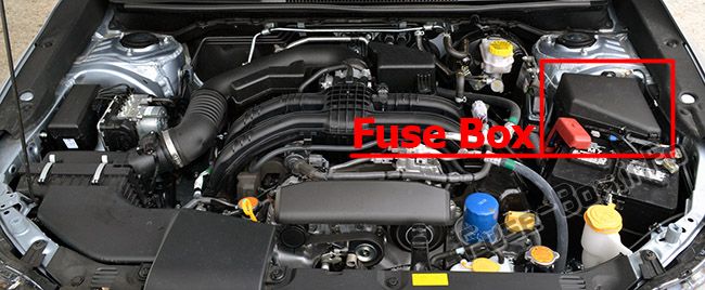 The location of the fuses in the engine compartment: Subaru Impreza (2017, 2018, 2019-...)