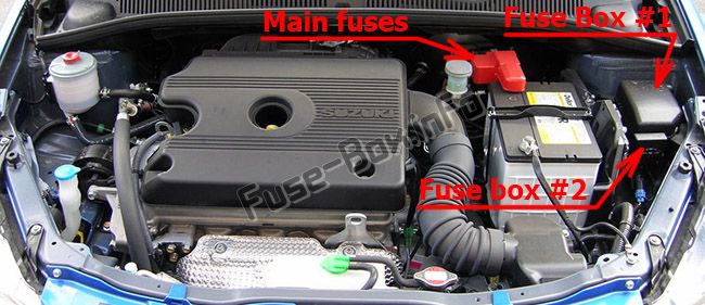 The location of the fuses in the engine compartment (diesel): Suzuki SX4 (2006-2014)