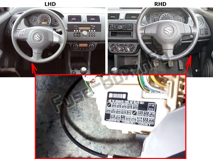 The location of the fuses in the passenger compartment: Suzuki Swift (2004-2010)