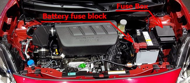 The location of the fuses in the engine compartment: Suzuki Swift (2017, 2018, 2019-..)