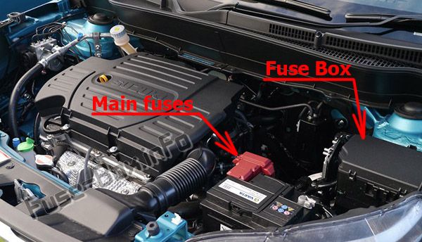 The location of the fuses in the engine compartment: Suzuki Escudo (2016-2019-..)