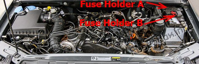 The location of the fuses in the engine compartment: Volkswagen Amarok (2010-2017)
