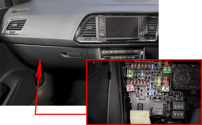 The location of the fuses in the passenger compartment (RHD): SEAT Ateca (2016-2019-...)