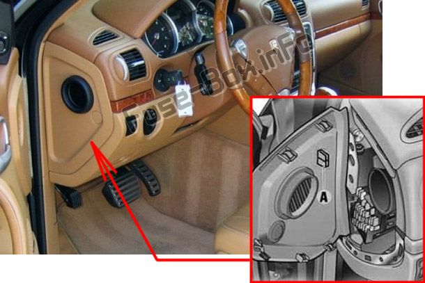 The location of the fuses in the left side of the dashboard: Porsche Cayenne (2003-2010)