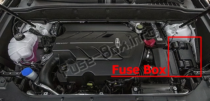 The location of the fuses in the engine compartment: Lincoln Nautilus (2019-..)