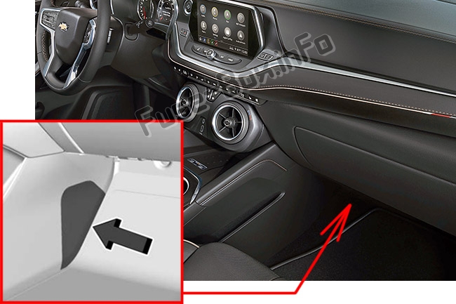 The location of the fuses in the passenger compartment: Chevrolet Blazer (2019-..)