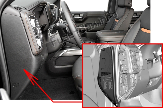 The location of the fuses in the passenger compartment (left): GMC Sierra (2019..)