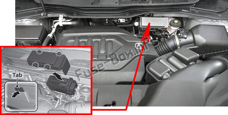 The location of the fuses in the engine compartment: Acura MDX (YD3; 2014-2018)