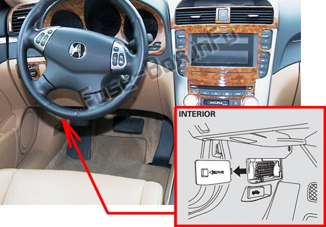 The location of the fuses in the passenger compartment: Acura TL (UA6/UA7; 2004-2008)
