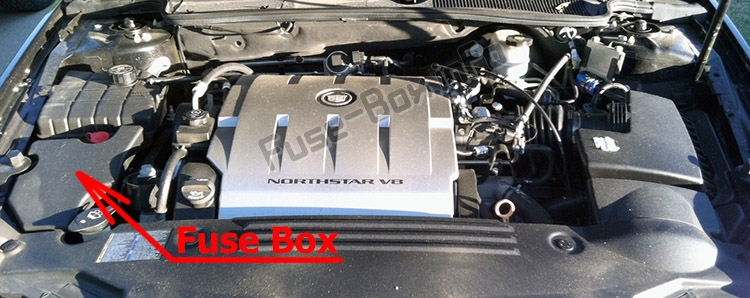 The location of the fuses in the engine compartment: Cadillac DTS (2005-2011)