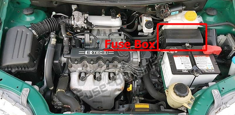 The location of the fuses in the engine compartment: Chevrolet Aveo (2002-2006)