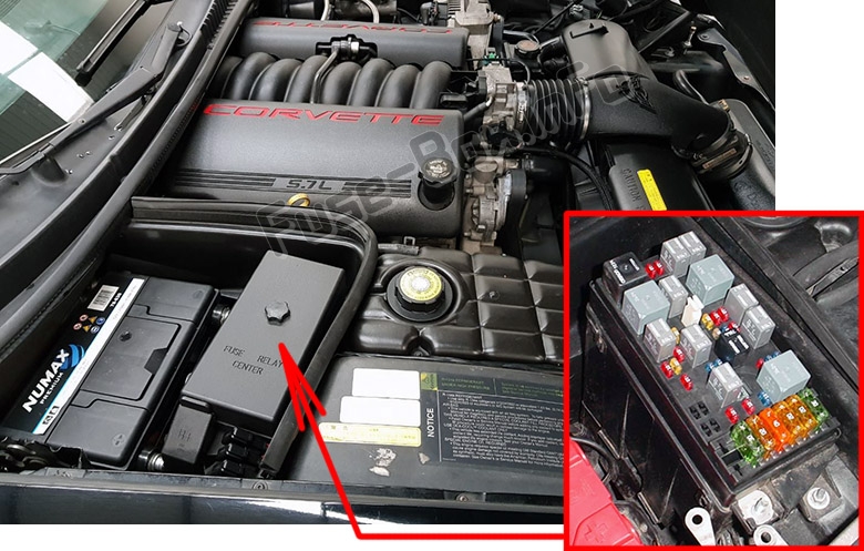 The location of the fuses in the engine compartment: Chevrolet Corvette (C5; 1997-2004)